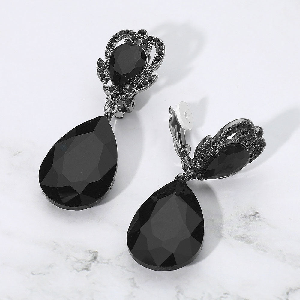 Madeline Love Black, Jet Black Ornate Top Faceted Teardrop Stone Dangle Clip On Evening Earrings