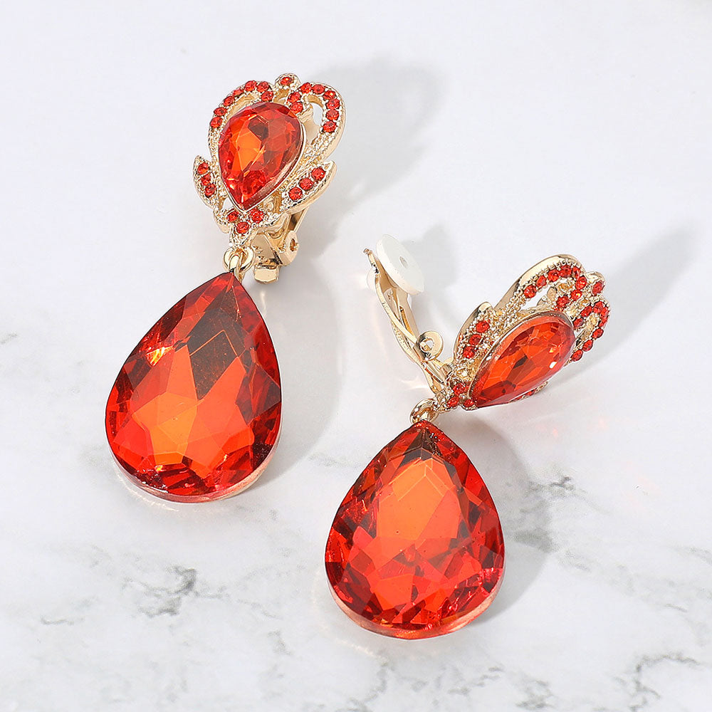 Madeline Love Gold, Orange Ornate Top Faceted Teardrop Stone Dangle Clip On Evening Earrings