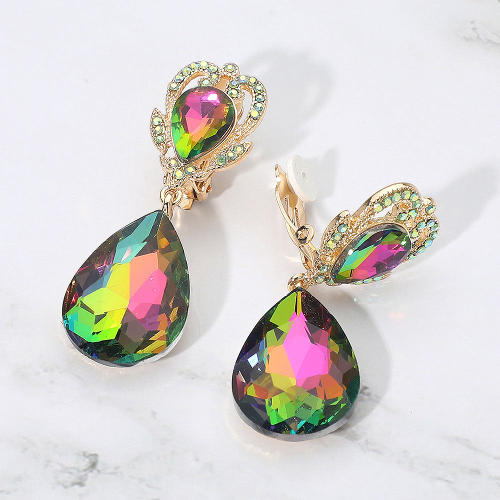 Madeline Love Gold, Vitrail Medium Ornate Top Faceted Teardrop Stone Dangle Clip On Evening Earrings