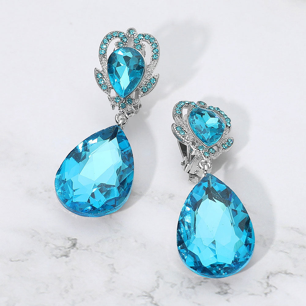 Madeline Love Aqua, Rhodium Ornate Top Faceted Teardrop Stone Dangle Clip On Evening Earrings