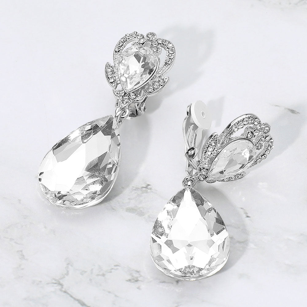 Madeline Love Clear, Rhodium Ornate Top Faceted Teardrop Stone Dangle Clip On Evening Earrings