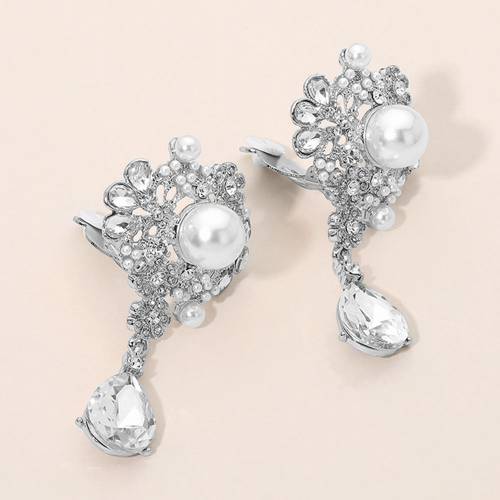 Madeline Love Rhodium, White Vintage Pearl Accent Floral Teadrop Stone Drop Clip On Evening Earrings