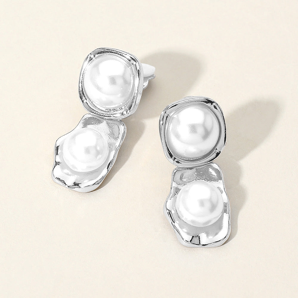 Madeline Love Silver Pearl Plate Link Clip On Earrings