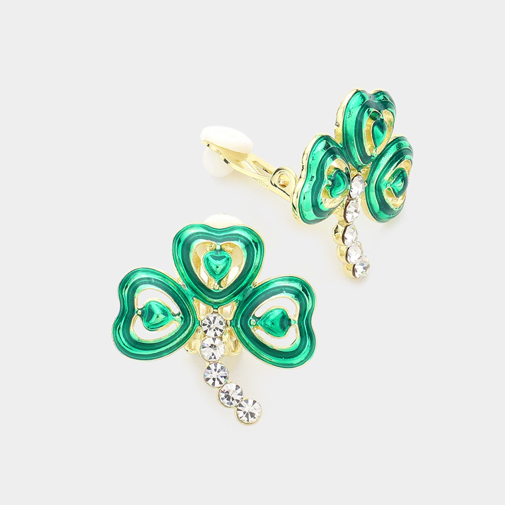 Madeline Love Gold St Patricks Enamel Clover Clip On Earrings