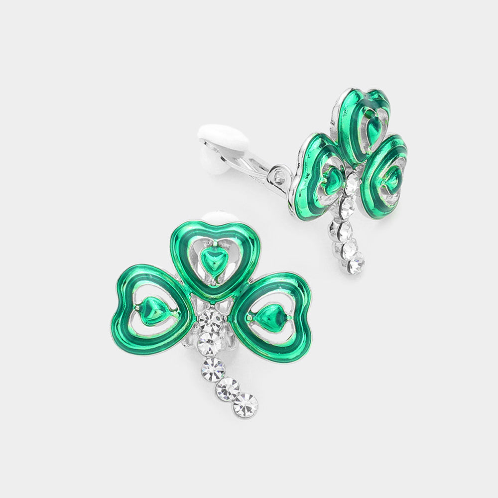 Madeline Love Silver St Patricks Enamel Clover Clip On Earrings