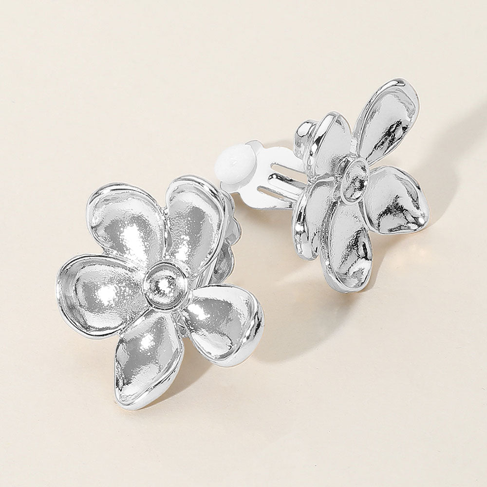 Madeline Love Silver Brushed Metal Flower Clip On Earrings