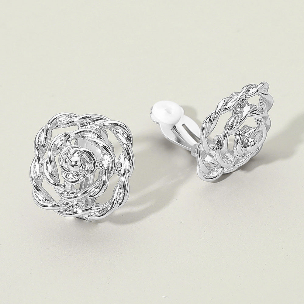 Madeline Love Silver Textured Metal Rose Clip On Earrings