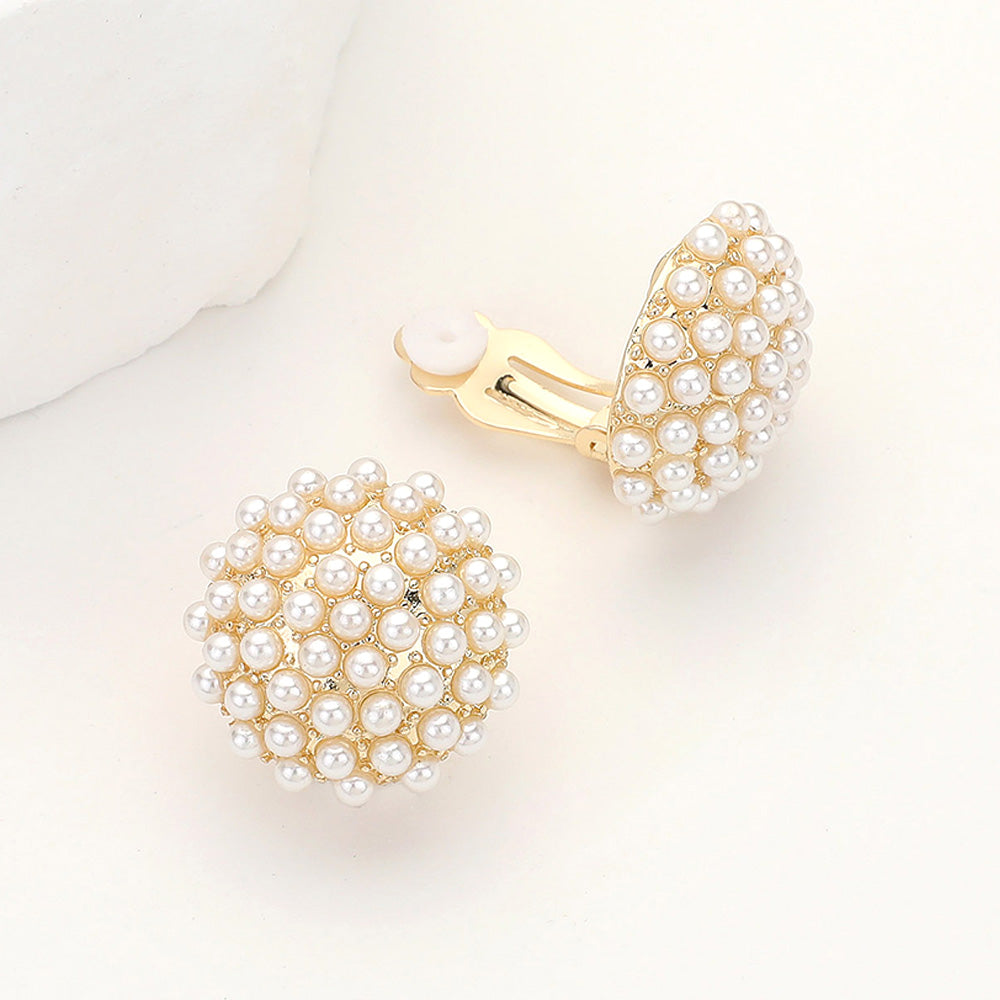 Madeline Love Cream, Gold Pearl Stud Clip On Earrings
