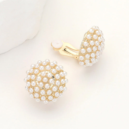 Madeline Love Cream, Gold Pearl Stud Clip On Earrings