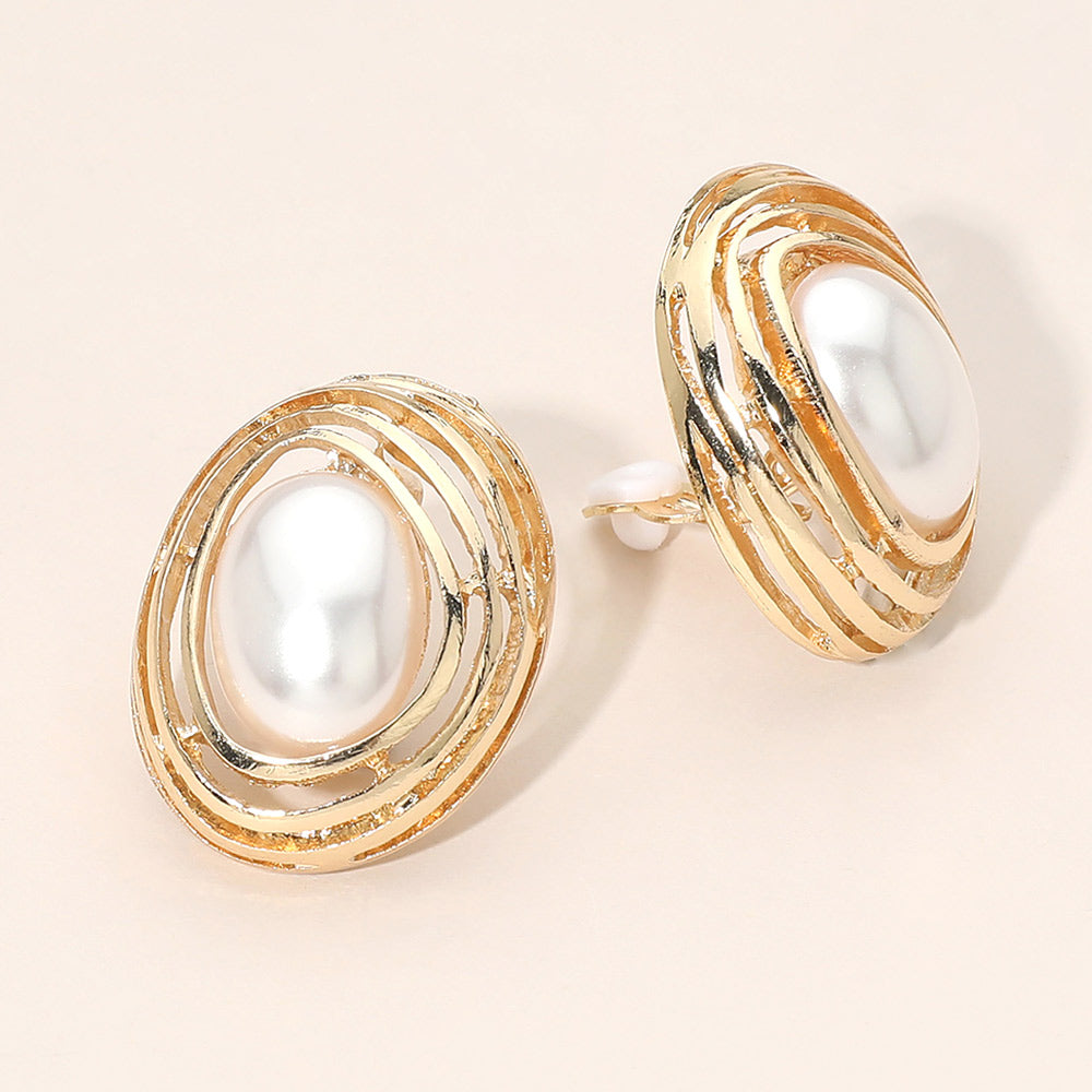 Madeline Love Gold Bold Oval Pearl Clip On Earrings