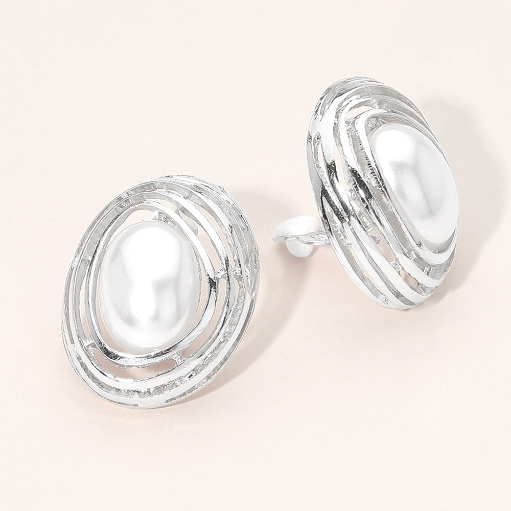 Madeline Love Silver Bold Oval Pearl Clip On Earrings