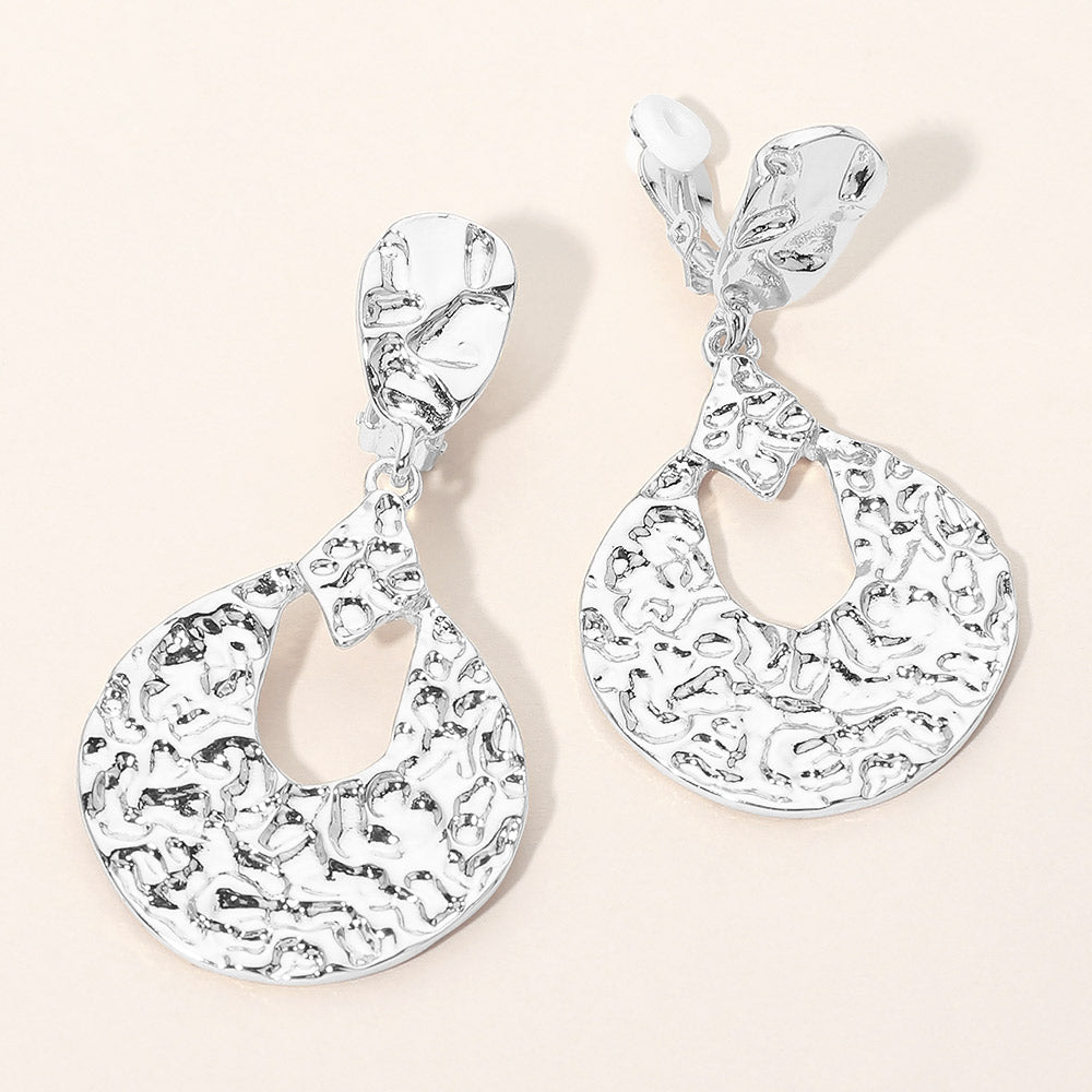 Madeline Love Silver Bold Textured Metal Teardrop Drop Clip On Earrings