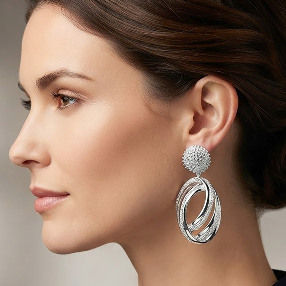 Madeline Love Silver Bold Metal Abstract Oval Drop Clip On Earrings