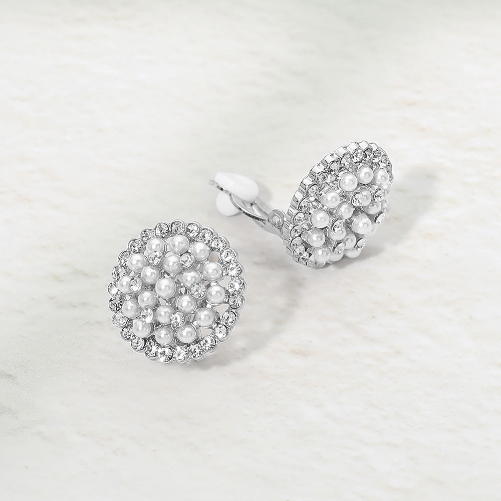 Madeline Love Silver Pearl Crystal Cluster Clip On Earrings
