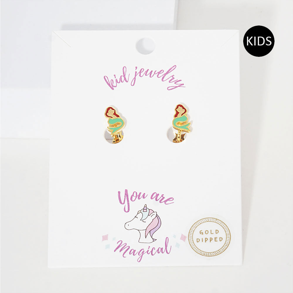 Mint Gold Dipped Enamel Mermaid Clip on Kids Earrings