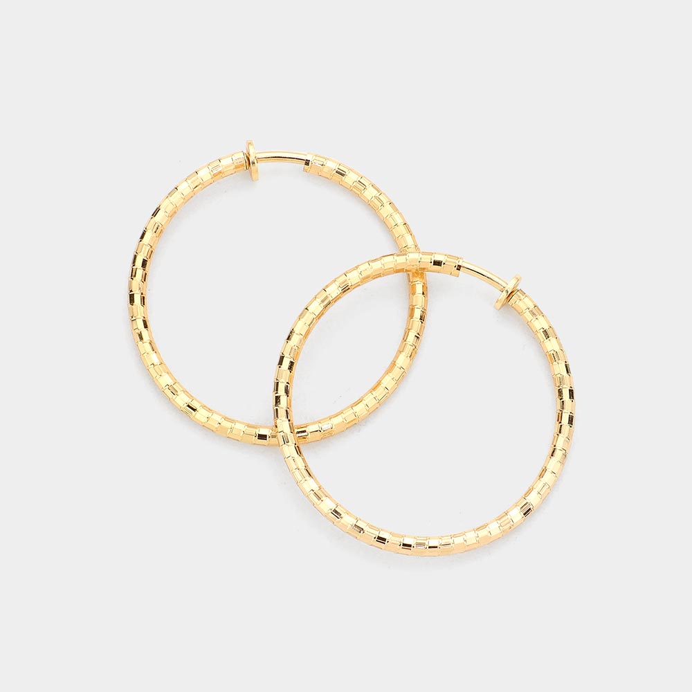 Gold 1.75 Inch Metal Hoop Clip On Earrings