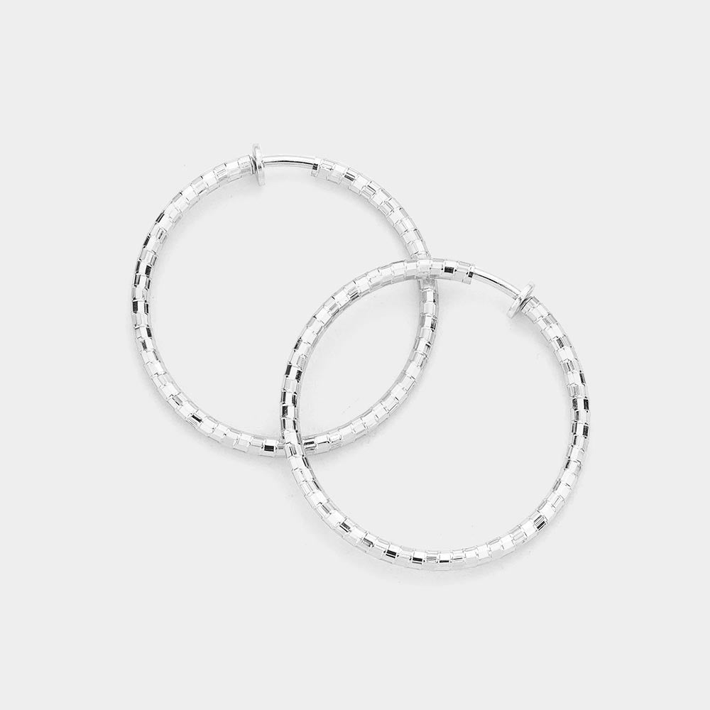 Silver 1.75 Inch Metal Hoop Clip On Earrings