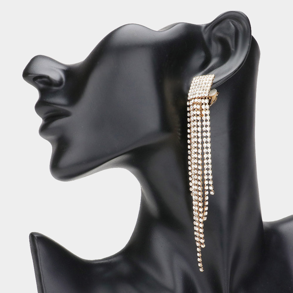 Madeline Love Gold Rhinestone Paved Fringe Clip On Evening Earrings
