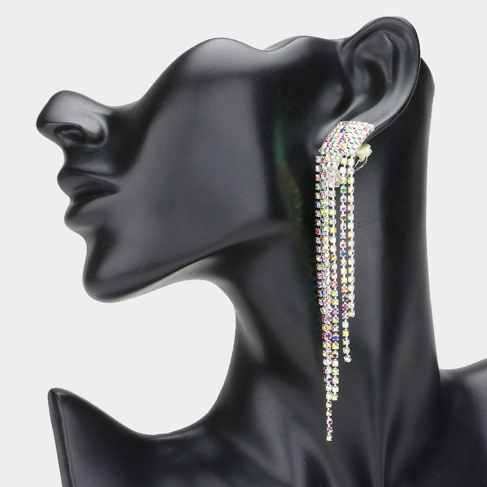 Madeline Love Multi, Silver Rhinestone Paved Fringe Clip On Evening Earrings