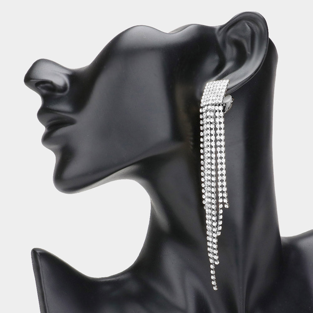 Madeline Love Silver Rhinestone Paved Fringe Clip On Evening Earrings