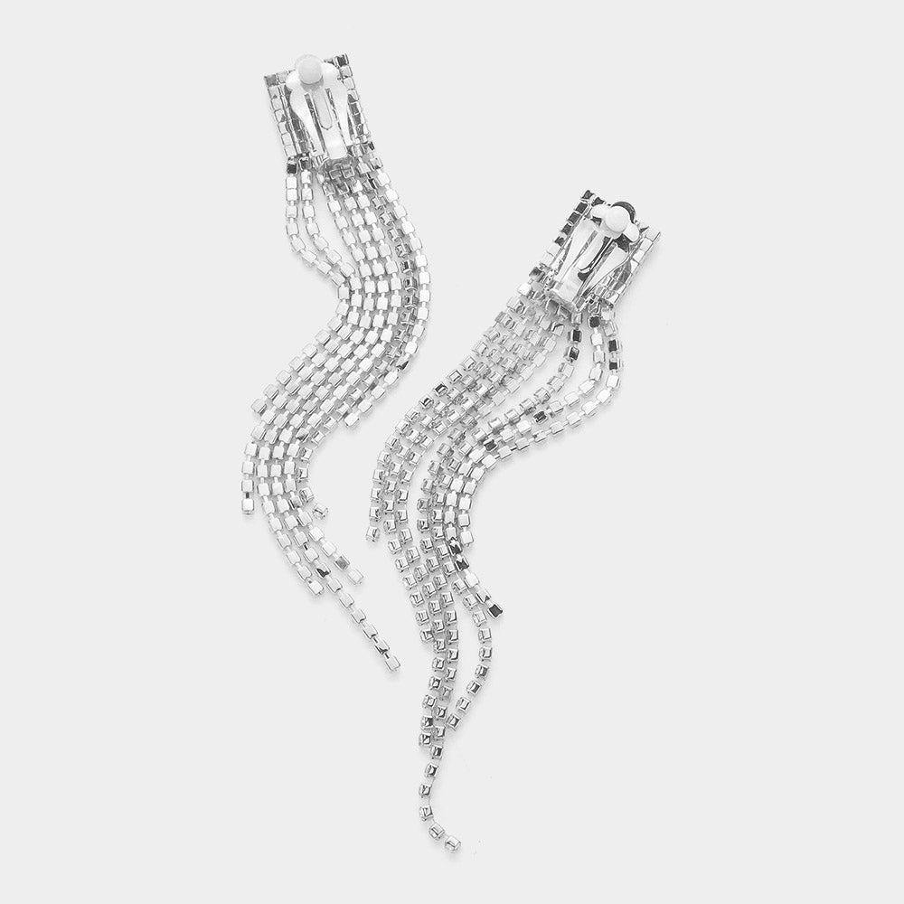 Madeline Love Silver Rhinestone Paved Fringe Clip On Evening Earrings - desc