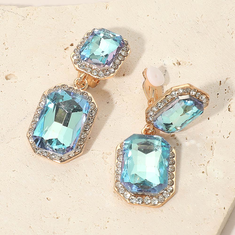 Madeline Love Aqua, Blue Elegant Rectangle Crystal Drop Dangle Evening Clip On Earrings