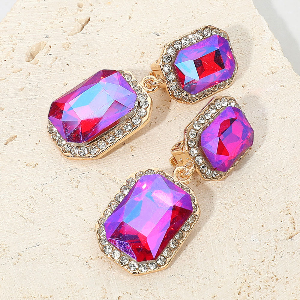 Madeline Love AB, Fuchsia Elegant Rectangle Crystal Drop Dangle Evening Clip On Earrings