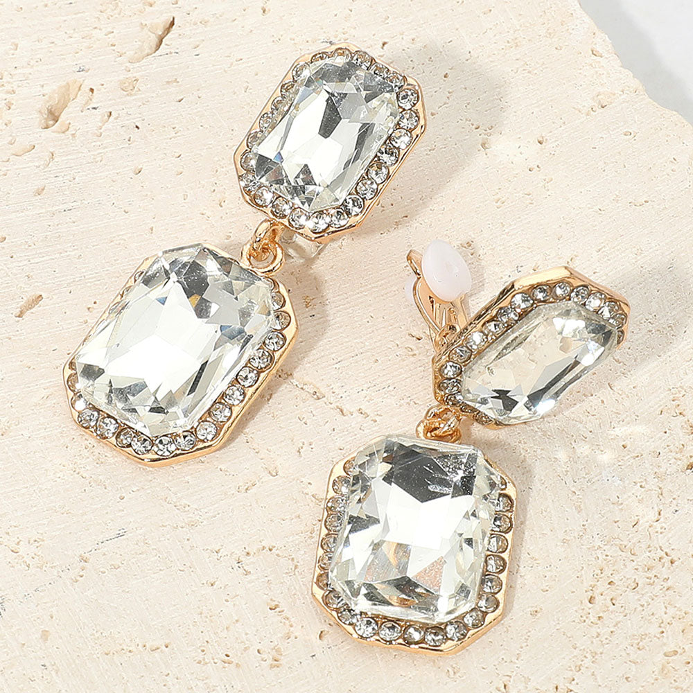 Madeline Love Clear, Gold Elegant Rectangle Crystal Drop Dangle Evening Clip On Earrings