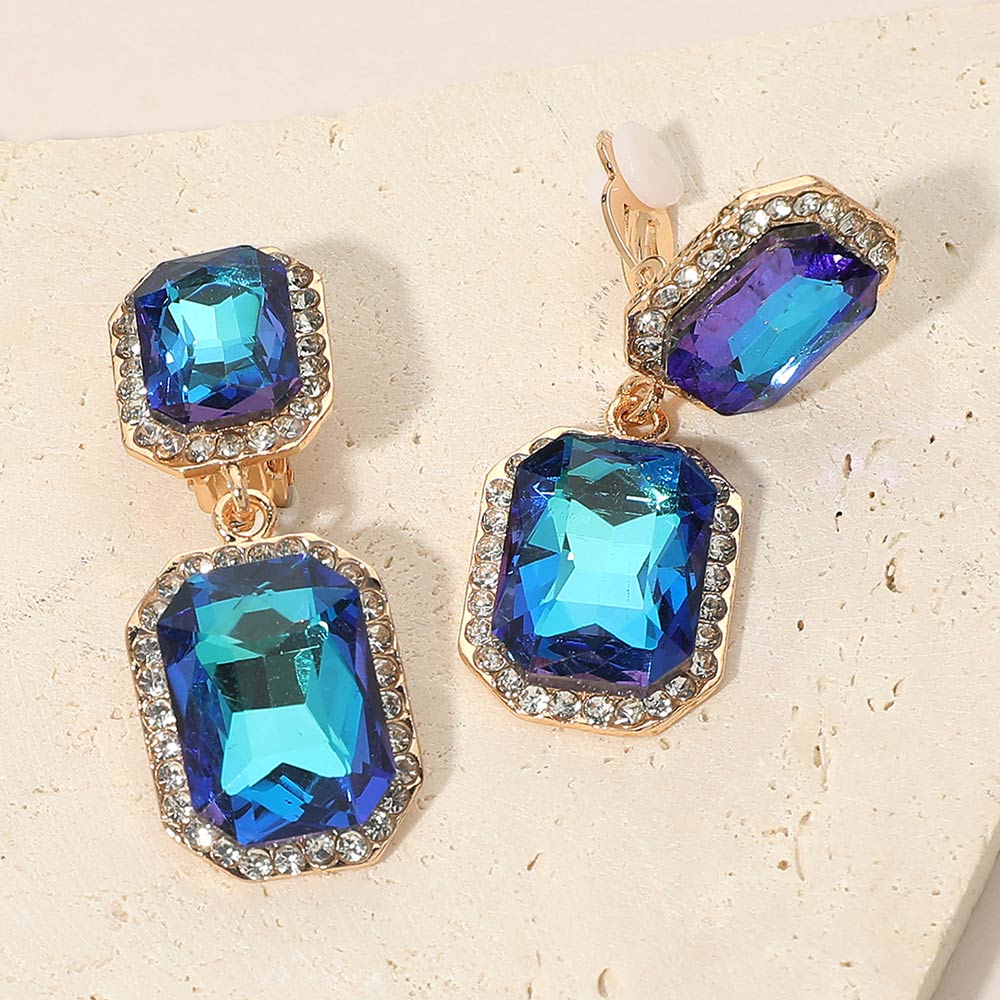 Madeline Love Blue Elegant Rectangle Crystal Drop Dangle Evening Clip On Earrings