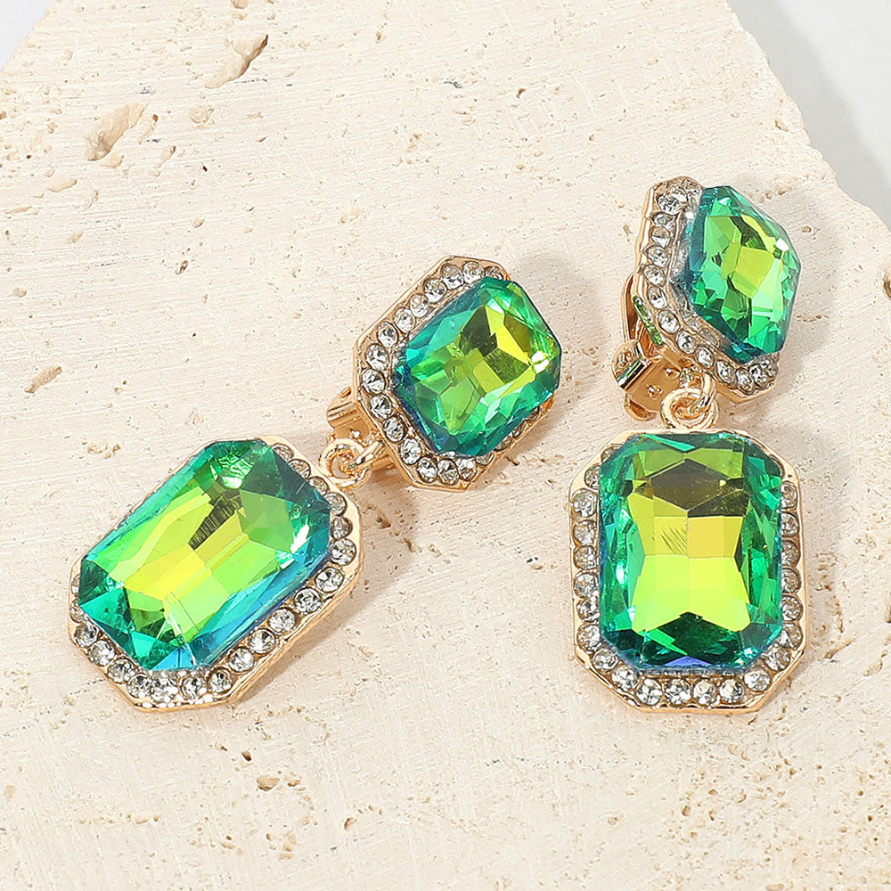 Madeline Love AB, Olive Green Elegant Rectangle Crystal Drop Dangle Evening Clip On Earrings