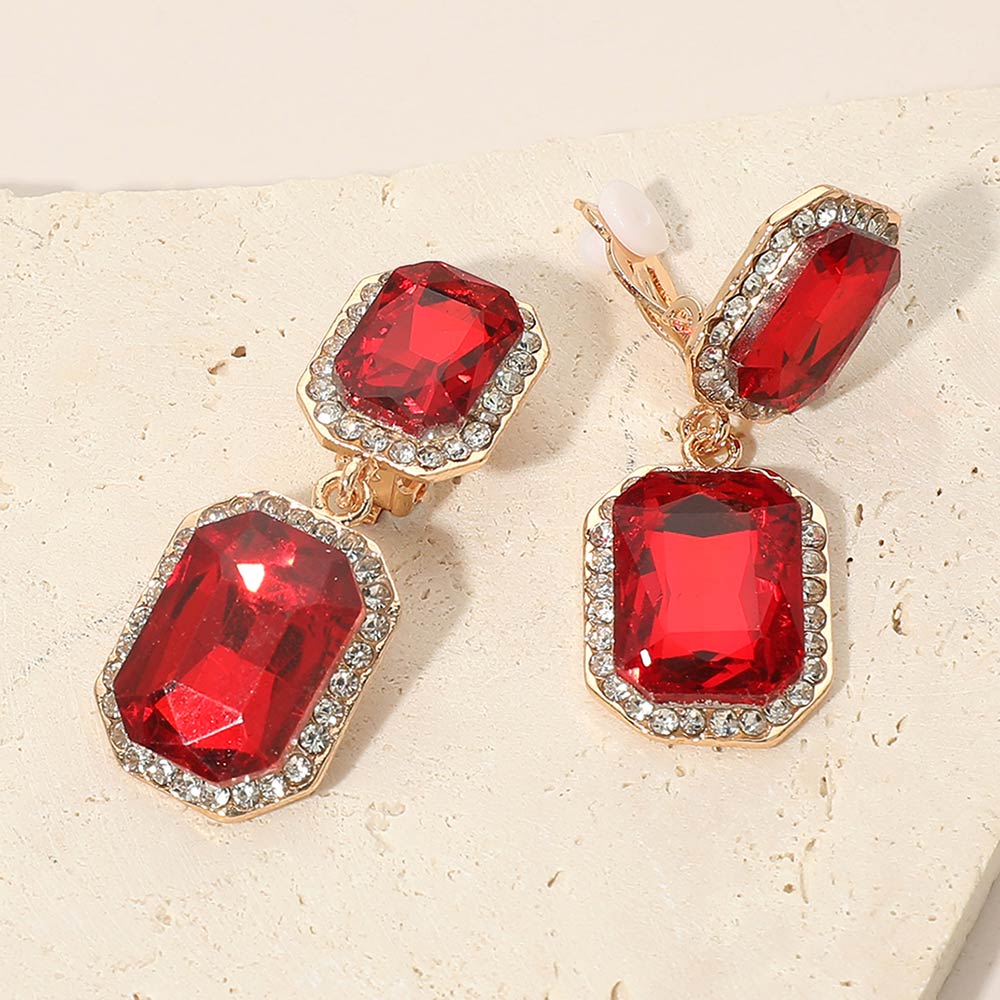 Madeline Love Red Elegant Rectangle Crystal Drop Dangle Evening Clip On Earrings