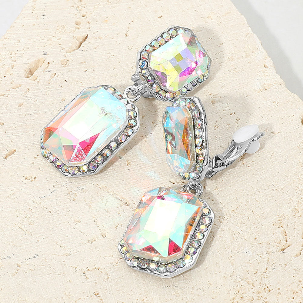 Madeline Love AB, Silver Elegant Rectangle Crystal Drop Dangle Evening Clip On Earrings