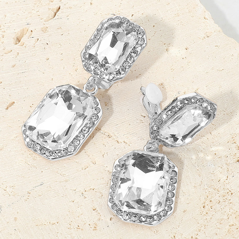 Madeline Love Clear, Silver Elegant Rectangle Crystal Drop Dangle Evening Clip On Earrings