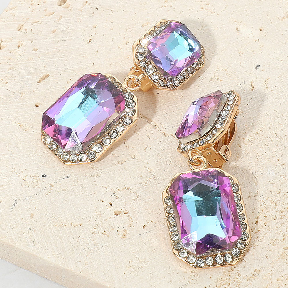 Madeline Love Violet Elegant Rectangle Crystal Drop Dangle Evening Clip On Earrings