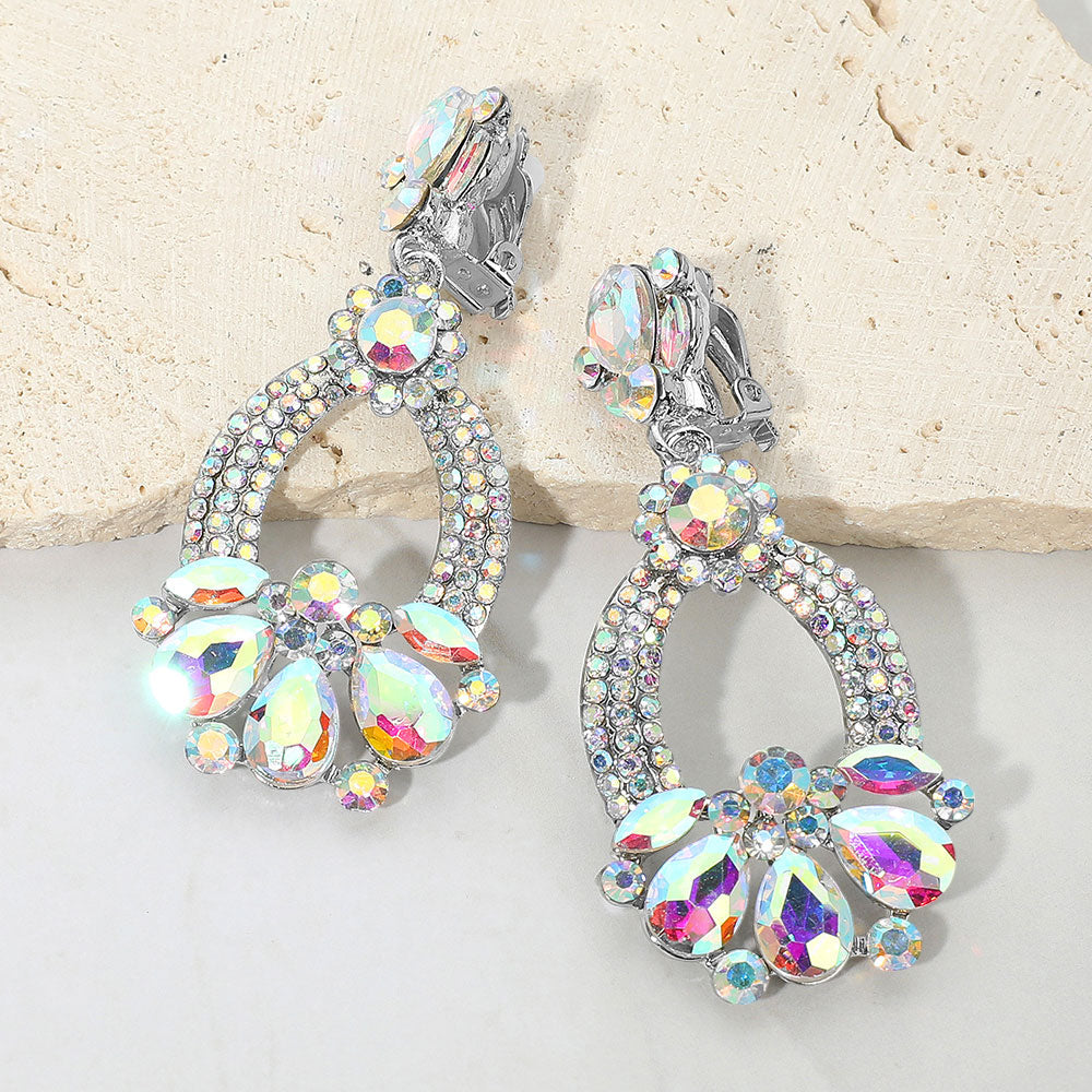 Madeline Love AB, Silver Teardrop Glass Stone Accent Rhinestone Embellished Open Oval Dangle Evening Clip On Earrings