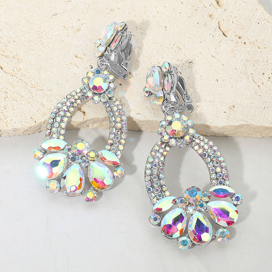 Madeline Love AB, Silver Teardrop Glass Stone Accent Rhinestone Embellished Open Oval Dangle Evening Clip On Earrings