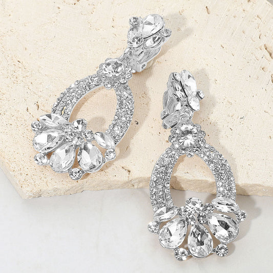 Madeline Love Clear, Silver Teardrop Glass Stone Accent Rhinestone Embellished Open Oval Dangle Evening Clip On Earrings