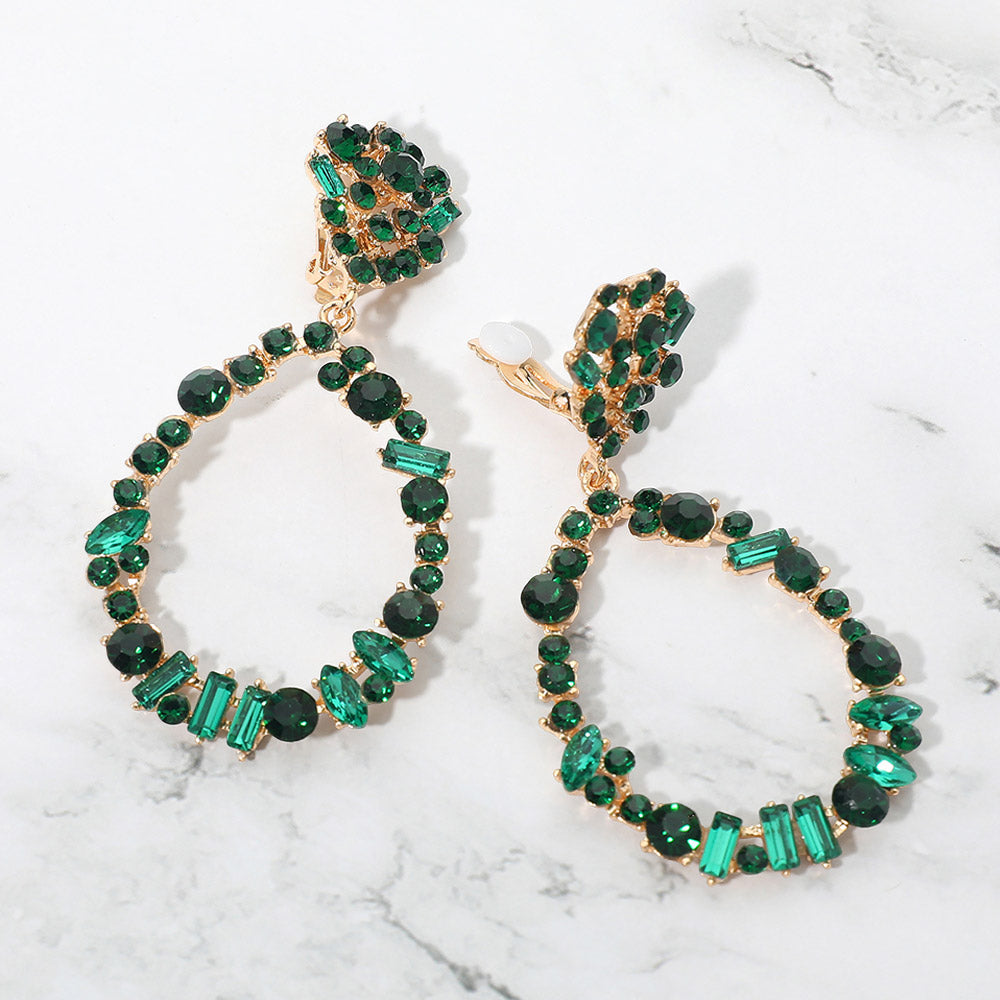 Madeline Love Emerald Bold Mixed Shaped Stone Cluster Embellished Open Teardrop Dangle Evening Clip On Earrings