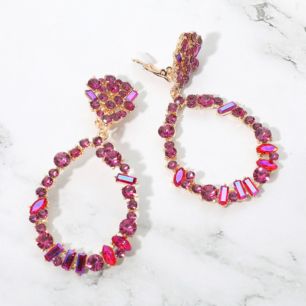 Madeline Love Fuchsia Bold Mixed Shaped Stone Cluster Embellished Open Teardrop Dangle Evening Clip On Earrings