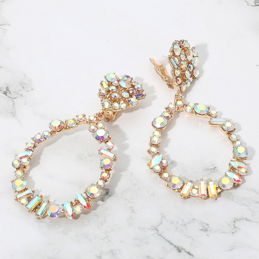 Madeline Love AB, Gold Bold Mixed Shaped Stone Cluster Embellished Open Teardrop Dangle Evening Clip On Earrings