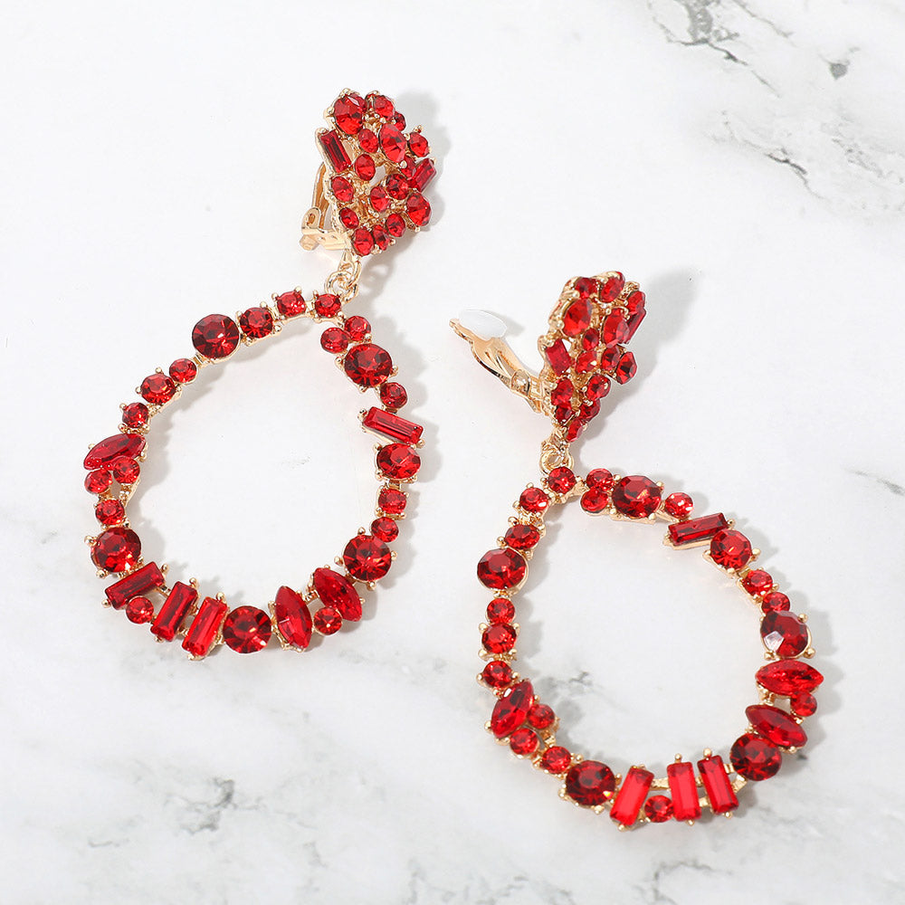 Madeline Love Red Bold Mixed Shaped Stone Cluster Embellished Open Teardrop Dangle Evening Clip On Earrings