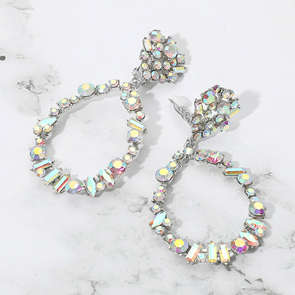 Madeline Love AB, Silver Bold Mixed Shaped Stone Cluster Embellished Open Teardrop Dangle Evening Clip On Earrings