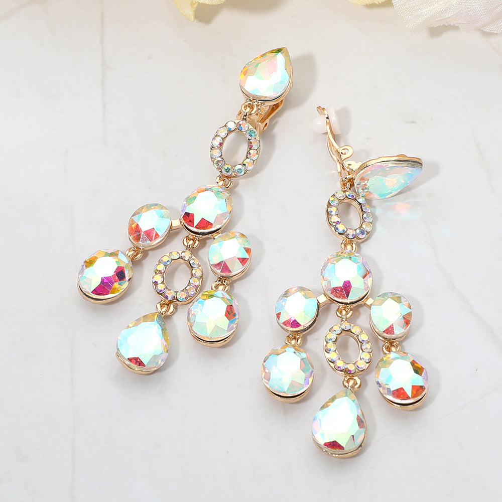 Madeline Love AB, Gold Faceted Chandelier Statement Evening Clip On Earrings