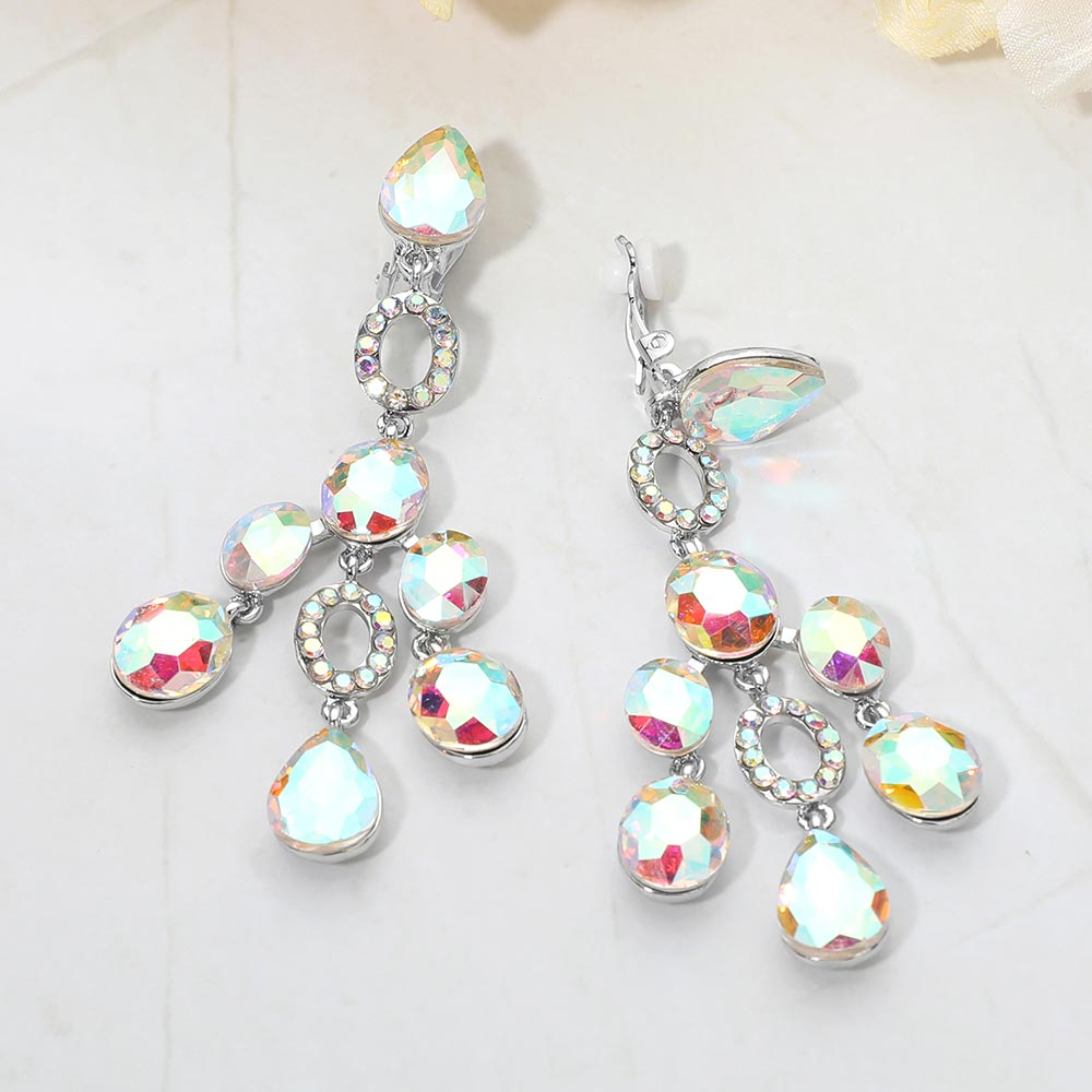 Madeline Love AB, Silver Faceted Chandelier Statement Evening Clip On Earrings