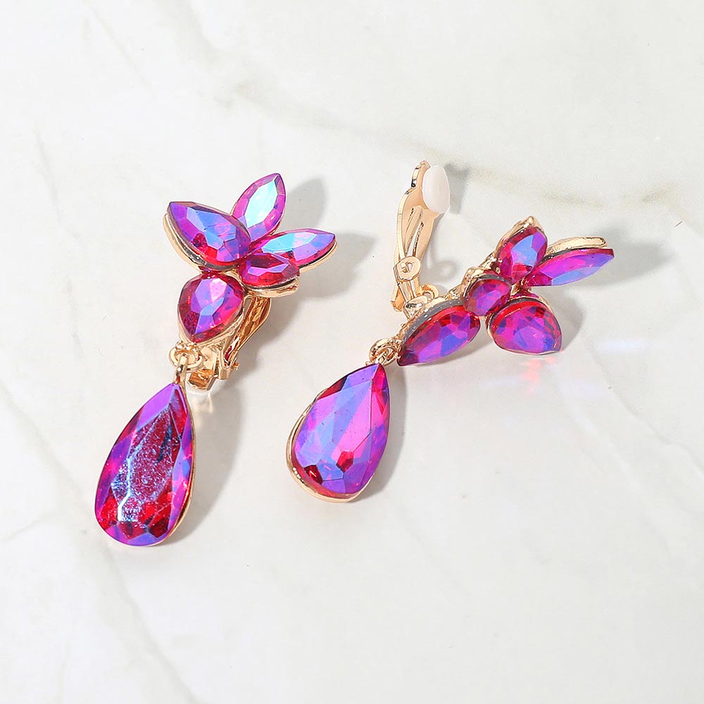 Madeline Love AB, Fuchsia Marquise Stone Cluster Floral Teardrop Link Evening Clip On Earrings