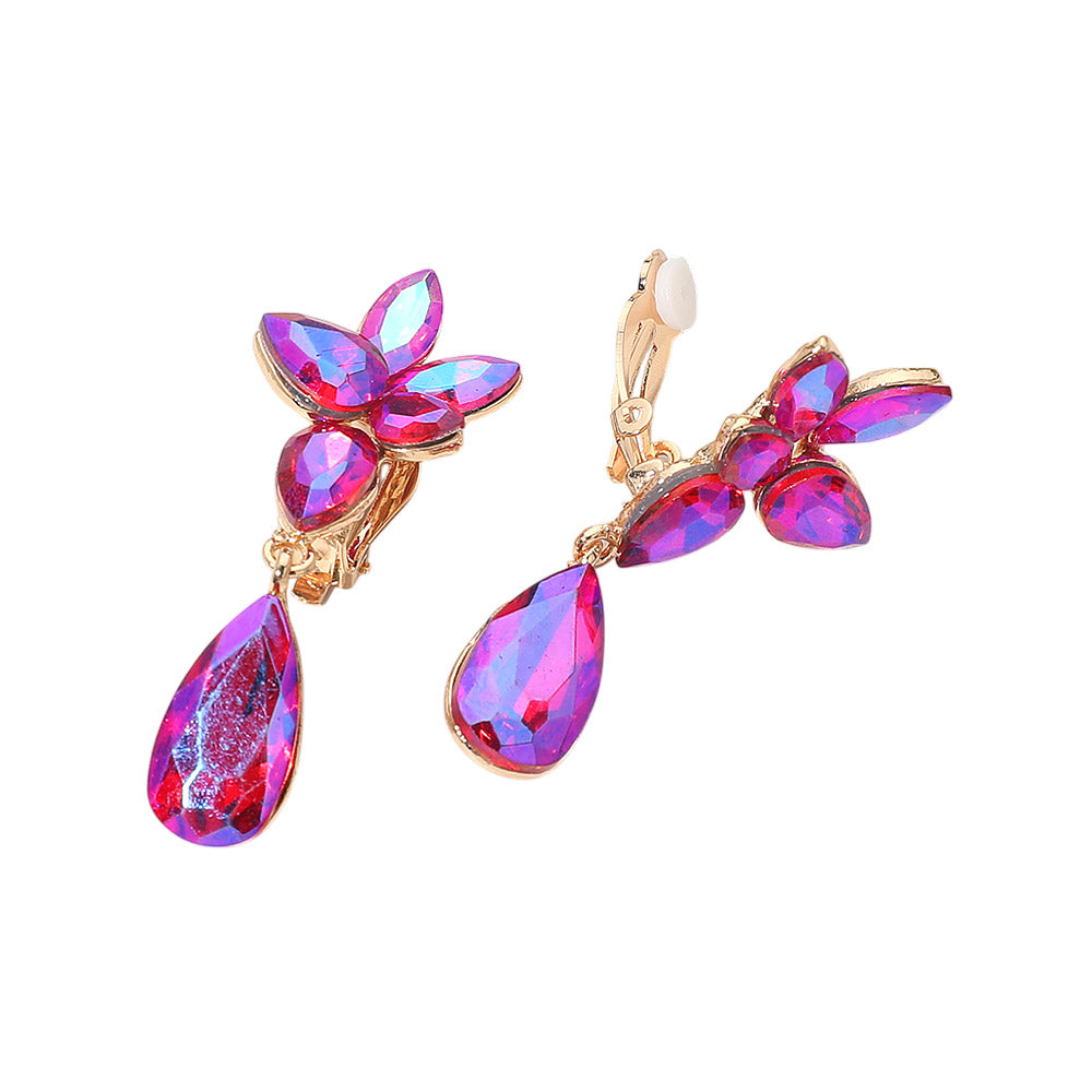Madeline Love AB, Fuchsia Marquise Stone Cluster Floral Teardrop Link Evening Clip On Earrings - desc