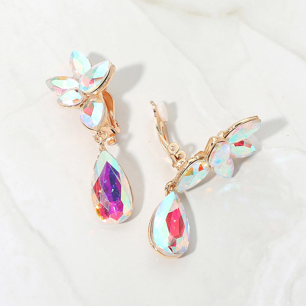 Madeline Love AB, Gold Marquise Stone Cluster Floral Teardrop Link Evening Clip On Earrings