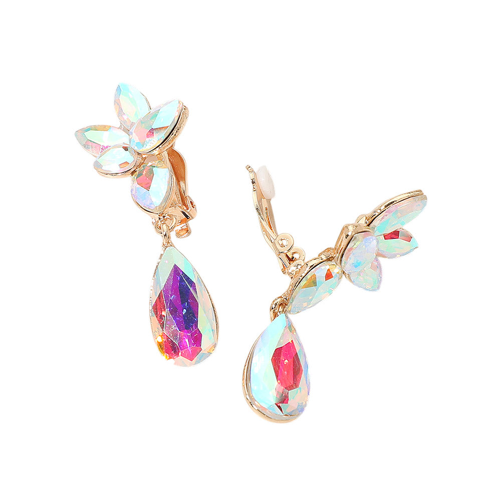 Madeline Love AB, Gold Marquise Stone Cluster Floral Teardrop Link Evening Clip On Earrings - desc