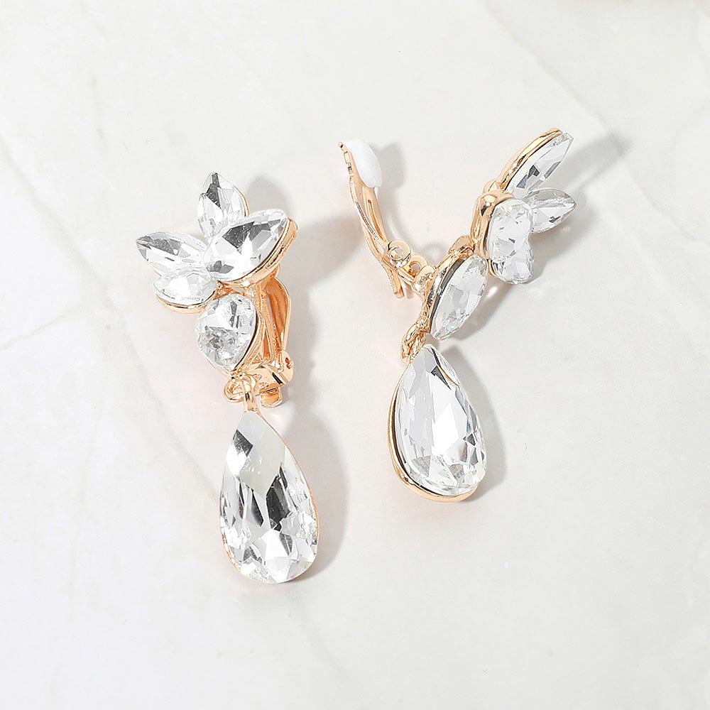 Madeline Love Clear, Gold Marquise Stone Cluster Floral Teardrop Link Evening Clip On Earrings
