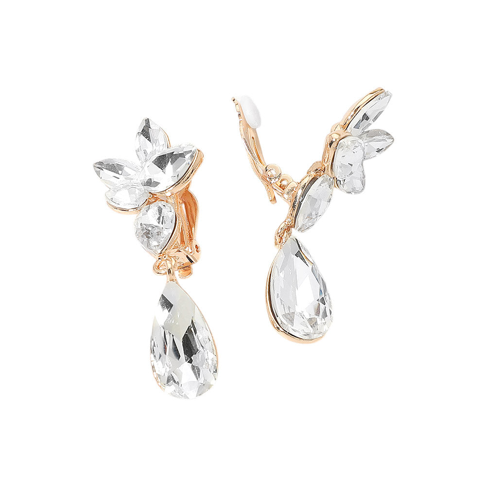 Madeline Love Clear, Gold Marquise Stone Cluster Floral Teardrop Link Evening Clip On Earrings - desc